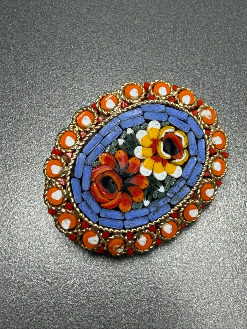 Vintage  Floral Micro-Mosaic Brooch in Orange, Blue and Yellow #45mo